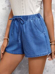 SHEIN LUNE Quần short denim dáng rộng có dây buộc eo dành cho nữ - Rửa tối - Xem 5