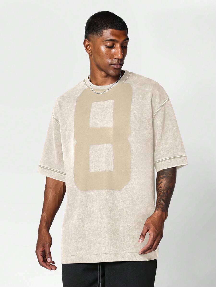 SUMWON เสื้อยืดล้างน้ำตัวหนาใหญ่ พิมพ์ลวดลายตัวเลข | SHEIN TH