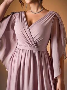 Mgiacy Plus Size V-Neck Crossed Chiffon Ruffle Sleeve Bridesmaid Dress - Dusty Purple - View 5