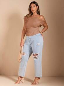 SHEIN BAE Kaos Ukuran Plus - Khaki - View 4