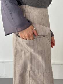 FRIFUL 女士弹力腰拉链半开襟工装口袋A字休闲长裙/铅笔裙 - 卡其色 - 查看 7