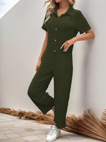 SHEIN LUNE Women's Solid Color Short Sleeve Loose Casual Jumpsuit With Front Button Design, Summer - Dark Green - View 4