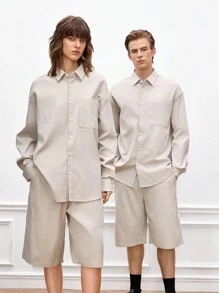 Mainfolk Men's Woven Casual Single-Breasted Solid Color Long Sleeve Shirt And Shorts Set - Apricot - View 1