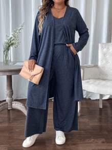 SHEIN LUNE Plus Size Women's Simple Solid Color Daily Wear Spaghetti Strap Jumpsuit And Long Sleeve Jacket 2pcs Set