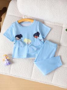 SHEIN Playful Pals Baby Girl Casual Cartoon Print Mesh Decor Short Sleeve Top And Pants Set, Spring Summer - Blue - View 6