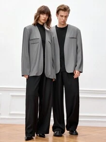 Manfinity VCAY Men's Loose Fit Casual Woven Blazer Jacket, Suitable For Spring, Fall, Winter - Dark Grey - View 5