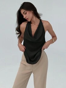 Aloruh Áo ba lỗ cổ tròn thời trang tối giản cho nữ - màu đen - Xem 2