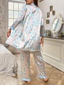 CottageSlumber 3pcs Contrast Floral Print Satin Cami Top & Pants And Robe Pajamas Set, Holiday Season, Fall Winter Clothes Cozy And Elegant Details - Baby Blue - View 2