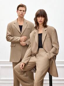 Manfinity VCAY 2pcs Men's Loose Casual Blazer Jacket And Straight Leg Suit Pants Set, Spring/Autumn - Khaki - View 6