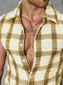 Men's Sleeveless Plaid Print Single-Breasted Casual Shirt For Summer - Apricot - View 6