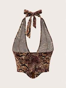 SHEIN ICON Ropa de otoño para mujer, top sin mangas con estampado de leopardo, decoración de ojetes y hebilla, estilo colgante en el cuello