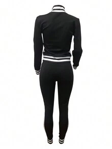 秋冬长袖裤欧美时尚休闲运动套装拼接开衫口袋拉链外套小外套修身裤运动街头两件套