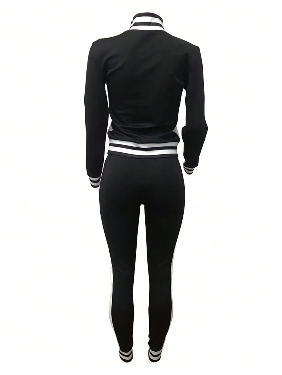 秋冬长袖裤欧美时尚休闲运动套装拼接开衫口袋拉链外套小外套修身裤运动街头两件套