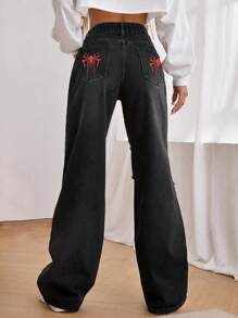 SHEIN EZwear Women Spider Print Pocketed Washed Loose Fit Wide Leg Jeans - Black - View 2
