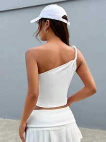 SHEIN EZwear Áo không tay bất đối xứng màu trơn thường ngày mùa hè - trắng - Xem 2