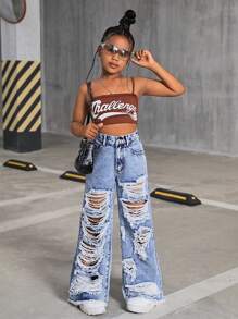 Tween Girl Y2K Fashion Vintage Stonewashed Ripped Raw Hem Baggy Wide Leg Jeans, Summer Back To School Streetwear - Medium Wash - View 4