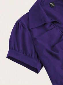 Sweetra V-Neck Ruched Cut-Out Bodycon Short Sleeve Office Blouse Women Shirt - Purple - View 4