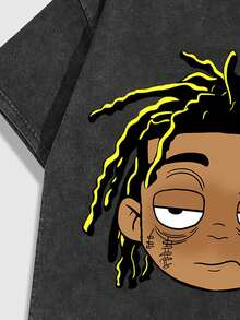 ROMWE MEN Street Life 男士趣味涂鸦印花水洗雪花洗休闲背心，夏季 - 黑色 - 查看 3