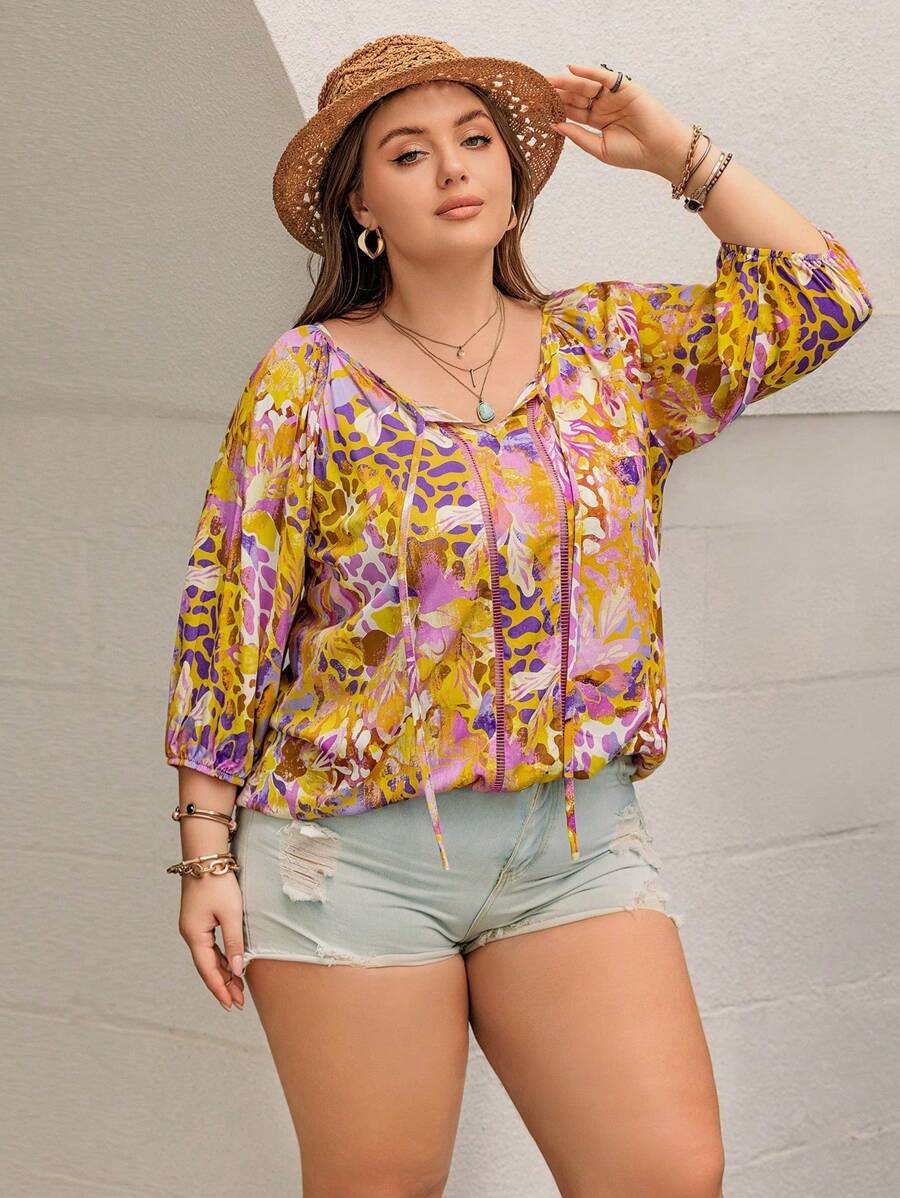 Rusttydustty Bohemian Style Loose Plus Size Women's Vacation Beach Top Blouse - Purple - View 1