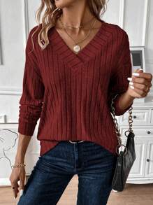 女士休闲 V 领落肩长袖卫衣，秋冬季长袖套头衫，适合秋季、派对、毕业典礼、外出、新年、圣诞节、感恩节、工作、办公室、通勤等场合。 - 酒紅色 - 查看 5