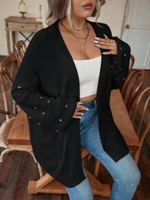 EMERY ROSE Plus Size Nữ Bóng Mờ Nhiều Màu Sắc Rớt Vai Tay Dài Hở Mặt Trước Áo Cardigan Thường Ngày, Mùa Đông - màu đen - Xem 4
