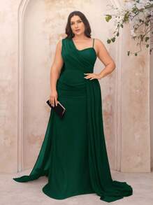 SHEIN Belle Plus Size Chiffon Asymmetric Draped Formal Dress For Bridesmaid, In Persimmon Orange - Dark Green - View 5