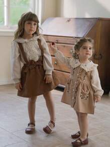 SHEIN Vintaside Kids 2pcs Baby Girl Embroidered Romper & Overall Dress Set, Spring & Fall - Khaki - View 6