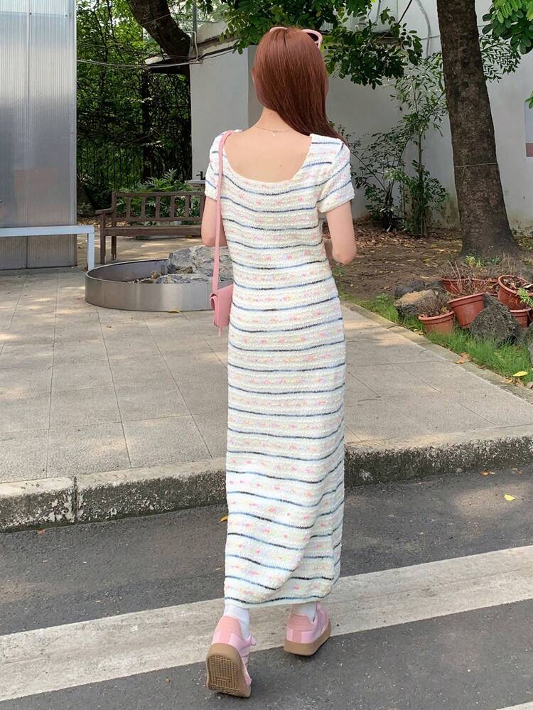 Women Striped Printed Round Neck Elegant Short Sleeve Knit Sweater Dress,Fall Clothes Maxi Dress