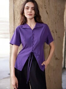 Aveloria Modichic Chic Chinese Style Tie-Up Hem Split Front Summer Blouse For Ladies - Purple - View 5