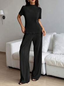 Almamuse Bộ 2 quần dài tay ngắn cổ lọ màu trơn dành cho nữ, mùa hè - màu đen - Xem 3