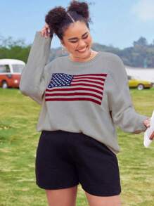 Calvaya Suéter de cuello redondo con estampado de bandera americana de manga larga, tejido, para talla grande, otoño e invierno - Gris - Ver 3