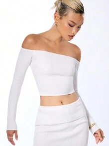 MUSERA Off The Shoulder Long Sleeve Crop Top Bridal Bachelorette Hen Do Wedding - White - View 1