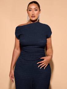 SHEIN BAE Plus Size Summer Daily Outing Sexy Asymmetrical Slanted Shoulder Black All-Over Texture Stretch T-Shirt Top - Navy Blue - View 4