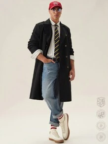 Manfinity VCAY Men's Formal Double Breasted Woven Wind Jacket,Back To School, For Fall Winter - Black - View 8