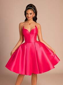 Women's New Fashionable Strapless Solid Color Backless Criss-Cross Zipper Formal Dress - Hot Pink - View 5
