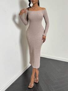 VaVaBold Vestido con hombros descubiertos, espalda con cortes y abertura lateral, manga larga, unicolor y sexy para mujer