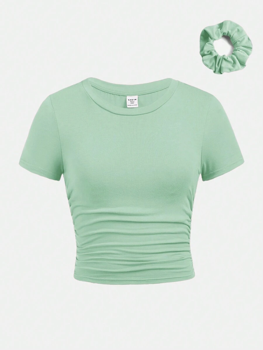 SHEIN Girlism Tween Girls Casual Crew Neck Short Sleeve Ruched Side T-Shirt With Scrunchie - Green - View 1