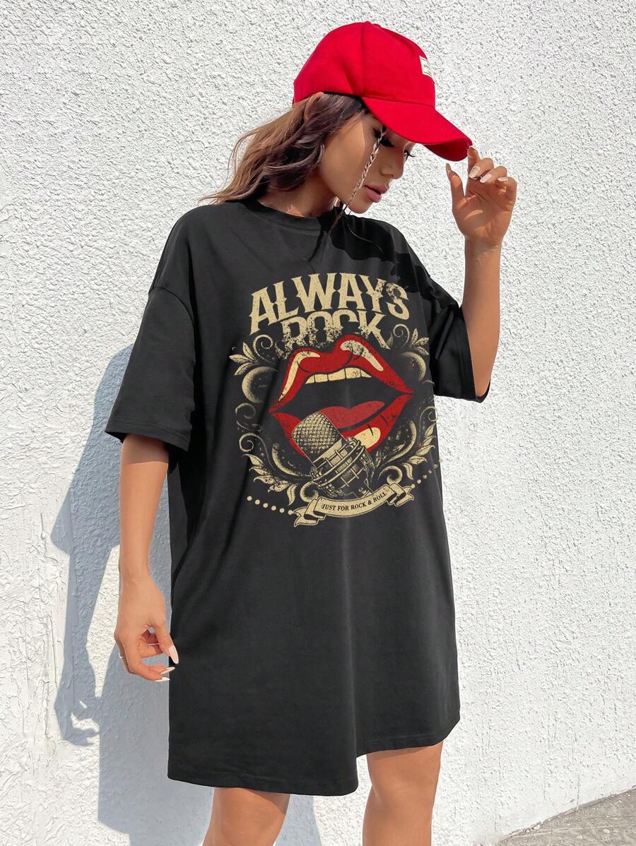 SHEIN EZwear 休闲款“Always Rock”复古红唇麦克风印花宽松短款短袖迷你连衣裙,棉混纺面料,适合夏季音乐节穿着。 - 黑色 - 查看 1