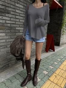 DAZY 女士休闲纯色超大圆领 T 恤，夏季长袖女上衣 - 灰色 - 查看 4