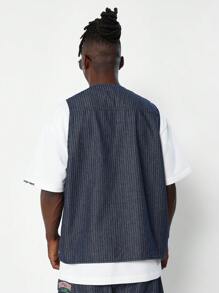 SUMWON Áo vest denim kẻ sọc có khóa kéo phía trước, phong cách công sở, nhiều túi, áo vest tiện dụng bốn mùa, thời trang đường phố - Màu xanh lam - Xem 3