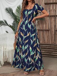 EMERY ROSE Printed Casual Square Neck Short Sleeve Dress Summer Women Dresses Long Skirt Maxi Women Dresses - Royal Blue - View 5