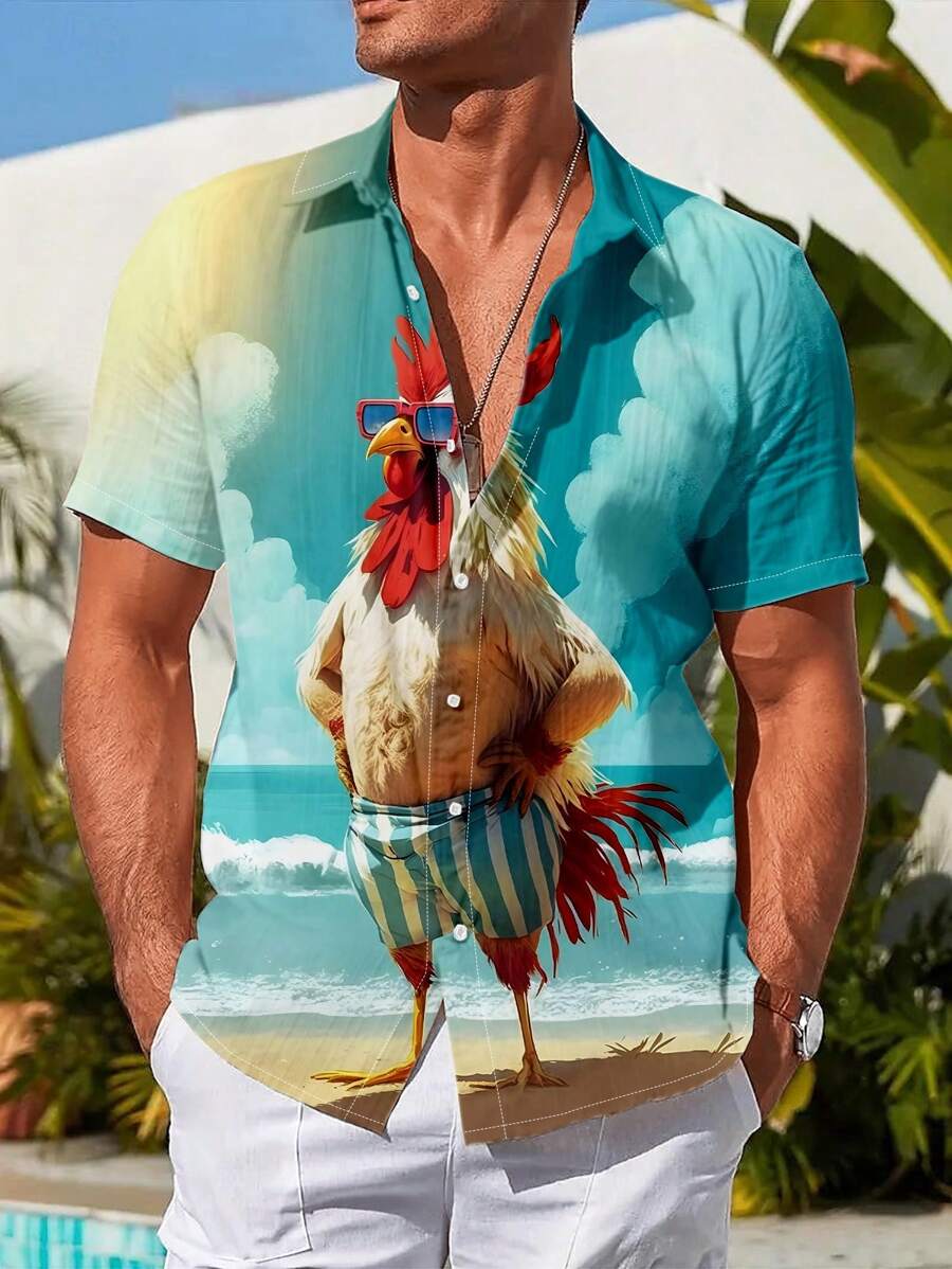 Manfinity RSRT Camisa informal de manga corta con diseño gráfico de arte colorido, estampado divertido de gallo, para el verano para hombres Manfinity RSRT