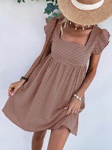 Breezaya Gingham Square Neck Butterfly Sleeve Smock Dress,Ladies Cute Ruffle Cap Sleeve Square Neck Regular Fit Short Brown Flounce Sleeve Gingham Smock Women Short Dresses,Spring/Summer,Casual Daily Wear Vacation Beach Outfit