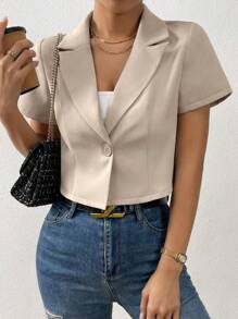 Breezaya Solid Color Turn-Down Collar Short Sleeve Cropped Blazer Jacket