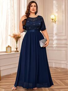 Plus Size Sequin Floral Lace Butterfly Sleeve Chiffon Pleated Hem Evening Party Long Dress Elegant Summer - Navy Blue - View 4