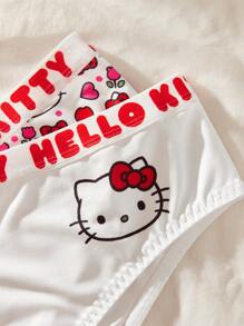 HELLO KITTY AND FRIENDS | SHEIN 2pcs/Pack Women's Plus Size White And Red Cute Kitty Cartoon Letter Printed Elastic Waist Comfy Panties