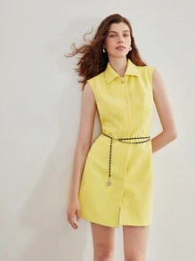 MOTF STUDIO SOLID SLANT POCKET SLEEVELESS SHORT DRESS - Yellow - View 5