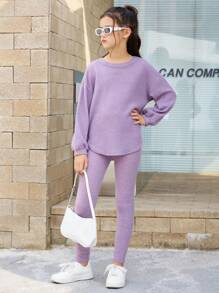 SHEIN 女大童落肩袖弧形下擺T恤和緊身褲 - 淺灰紫 - 查看 5