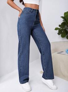 SHEIN Frenchy 女性高腰斜口袋男友寬鬆牛仔褲 - 深色水洗藍 - 查看 1