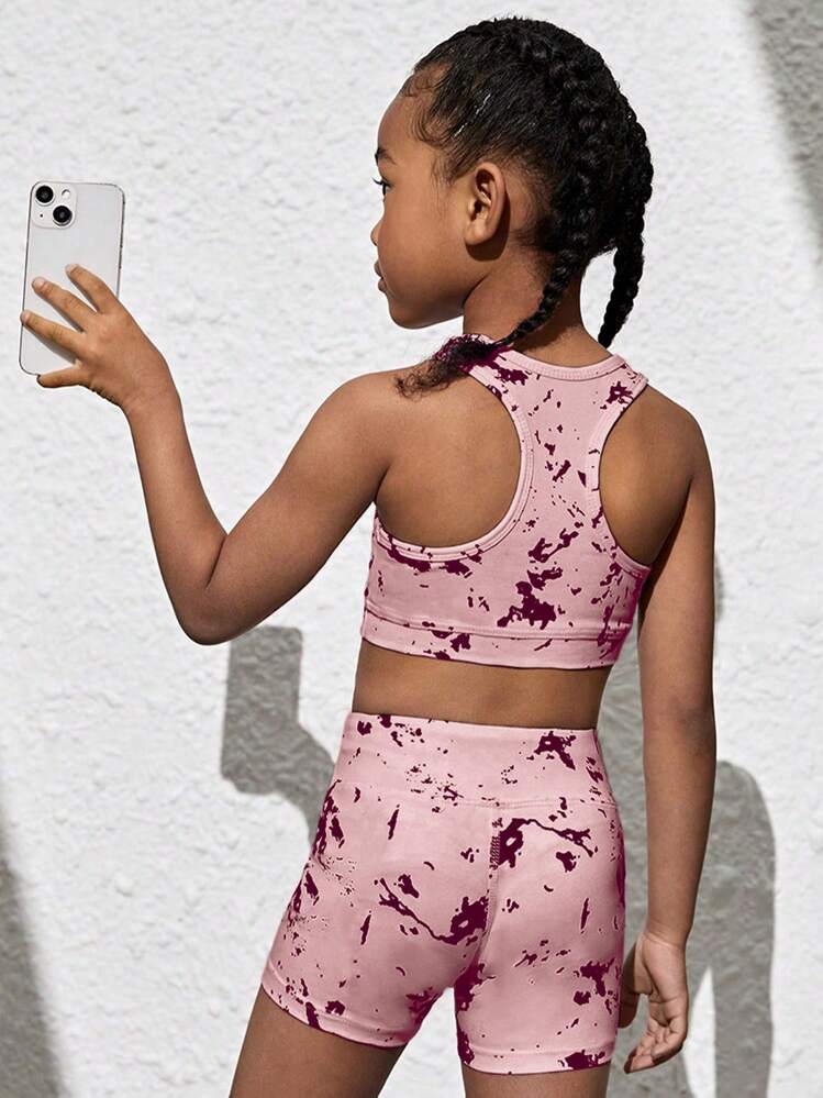 SHEIN Ensemble de sport débardeur et short pour jeune fille à teinture à nouer - Rose bonbon - Voir 1